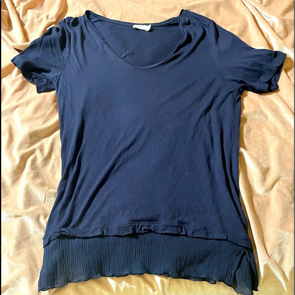 Vince navy tee-shirt with ruffle detail at hem